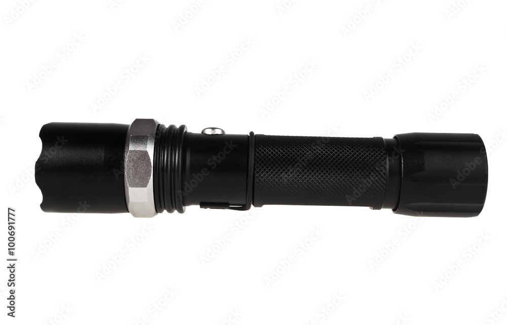 Black metallic flashlight isolated on white background Black metallic flashlight isolated on white background