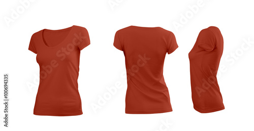 Red woman's T-shirt with short sleeves on a white background