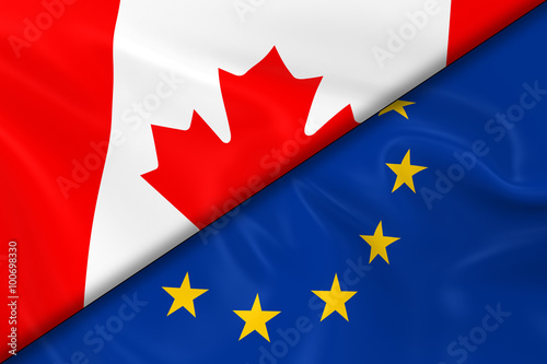 Flags of Canada and Europe Divided Diagonally - 3D Render of the