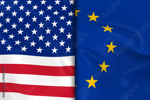 Flags of the USA and the European Union Split Down the Middle -