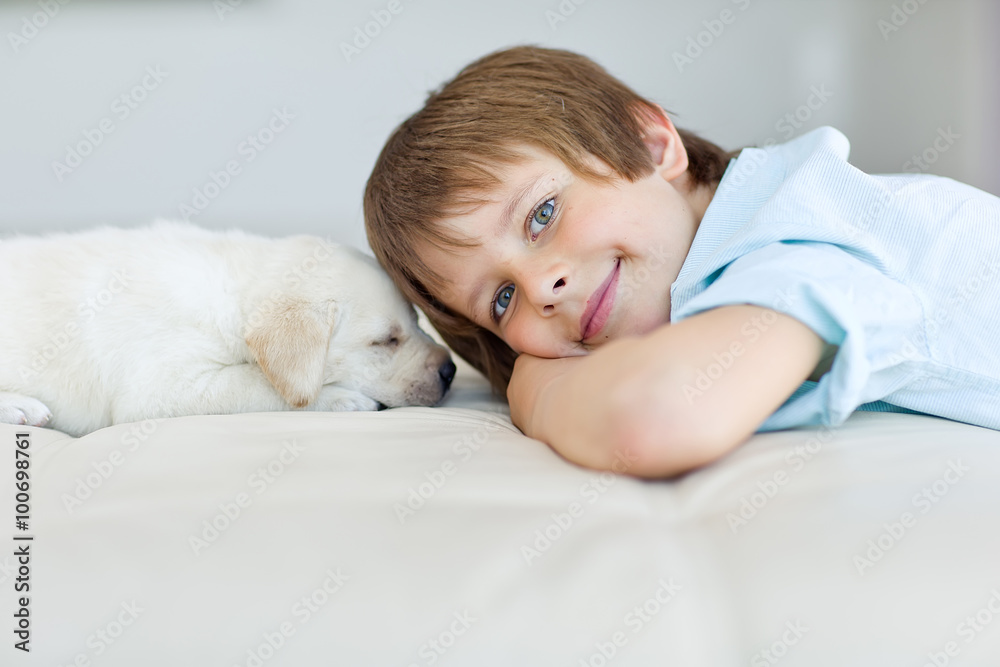 stylish little kid with a puppy stylish little kid with a puppy