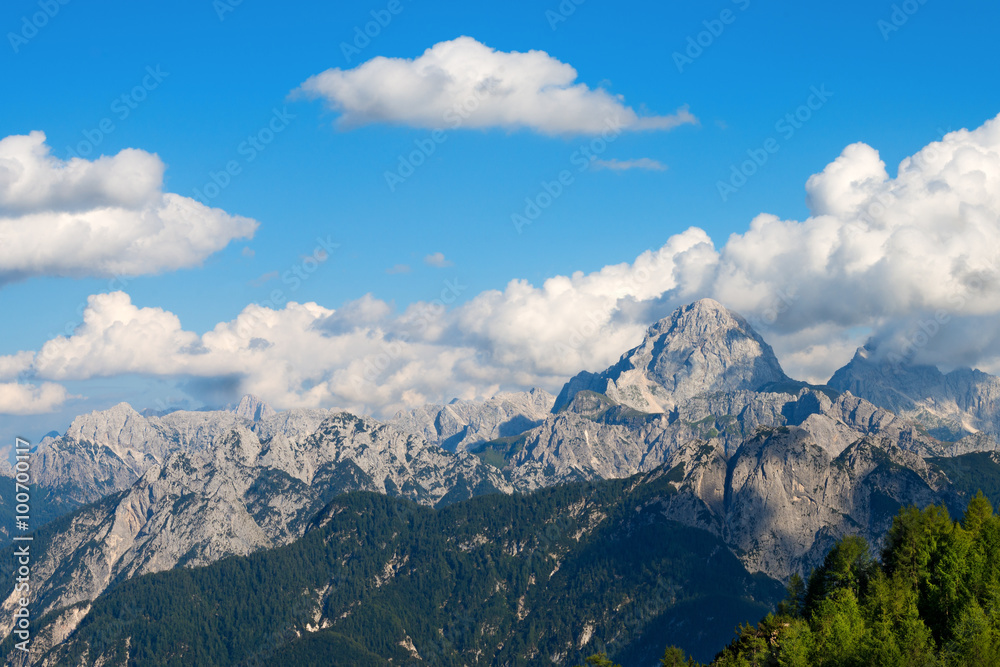 Julian Alps - Mount Mangart Friuli Italy / Julian Alps with the peak of Mangart (2677 m.) viewed from Mount Lussari in Friuli, northern Italy