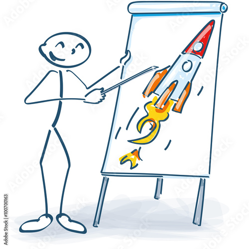 Strichmännchen mit Flipchart und Rakete