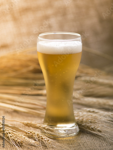 glass of cooling beer with wheat on sack