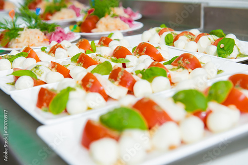 Caprese salad with mozzarella, tomato, basil and balsamic vinegar arranged on white plate
