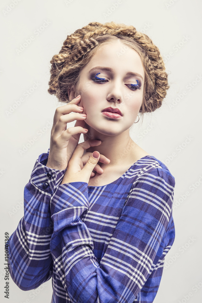 Portrait model woman with beautiful vintage makeup and hair in S