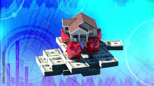 an animated rotating toy house installed on the stack of dollar bills and pigs moneyboxes 3D render on the background of moving charts and graphs photo