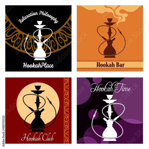 Hookah bar menu poster set. Cafe and smoke, bar lounge, shisha and pipe, vector illustration