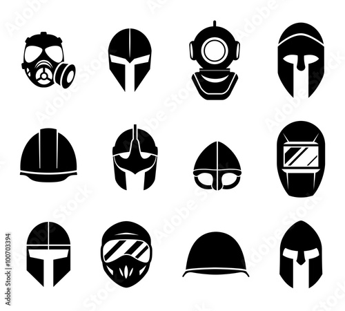 Helmets and masks icons. Safety protection, equipment protective head, military headgear hat, vector illustration