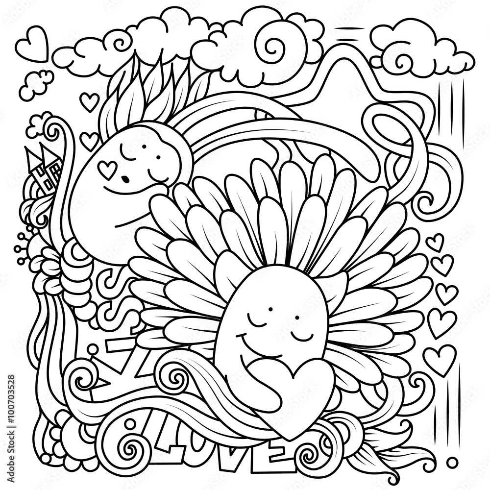 Obraz premium Coloring for adults. Many small items. The theme of love. Vector graphics. Black outline on white background.