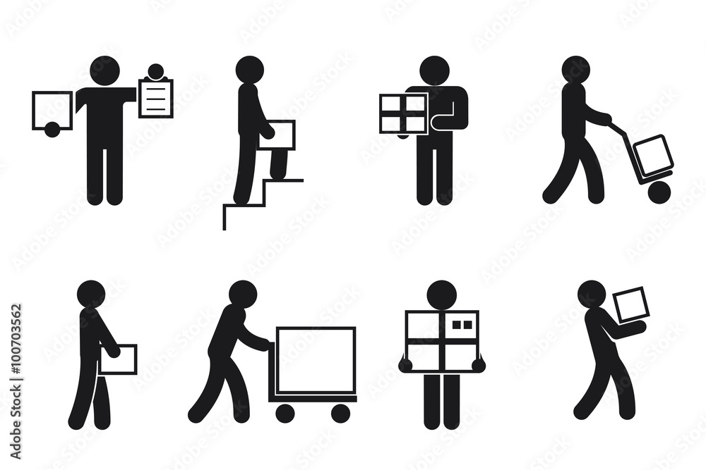 Delivery man poses. Courier worker, merchandise and package, receive and  send. Delivery man pictogram, delivery vector icons Stock Vector