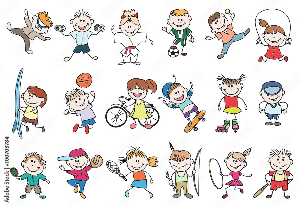 Kids sport activity. Basketball and tennis, soccer and baseball, jump athletic lifestyle. Doodle children sport activity vector illustration
