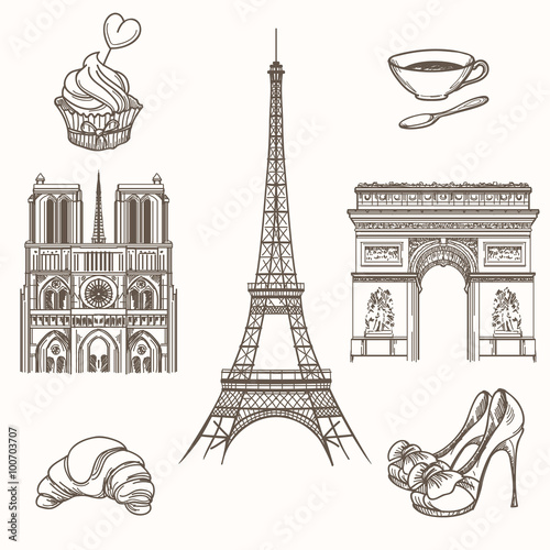 Hand drawn Paris symbols. French tourism and tower eiffel, notre dame and croissant icons. Hand drawn Paris signs vector illustration