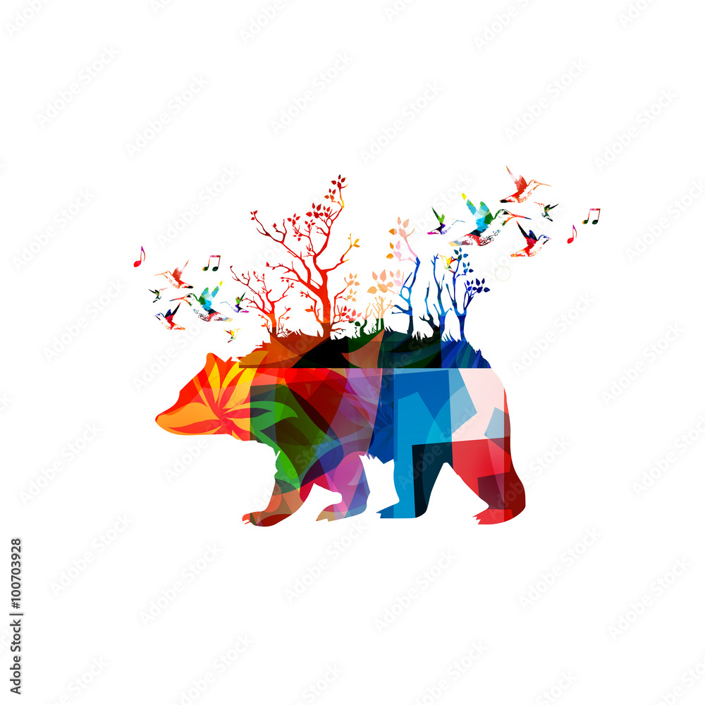 Obraz premium Colorful bear design with hummingbirds