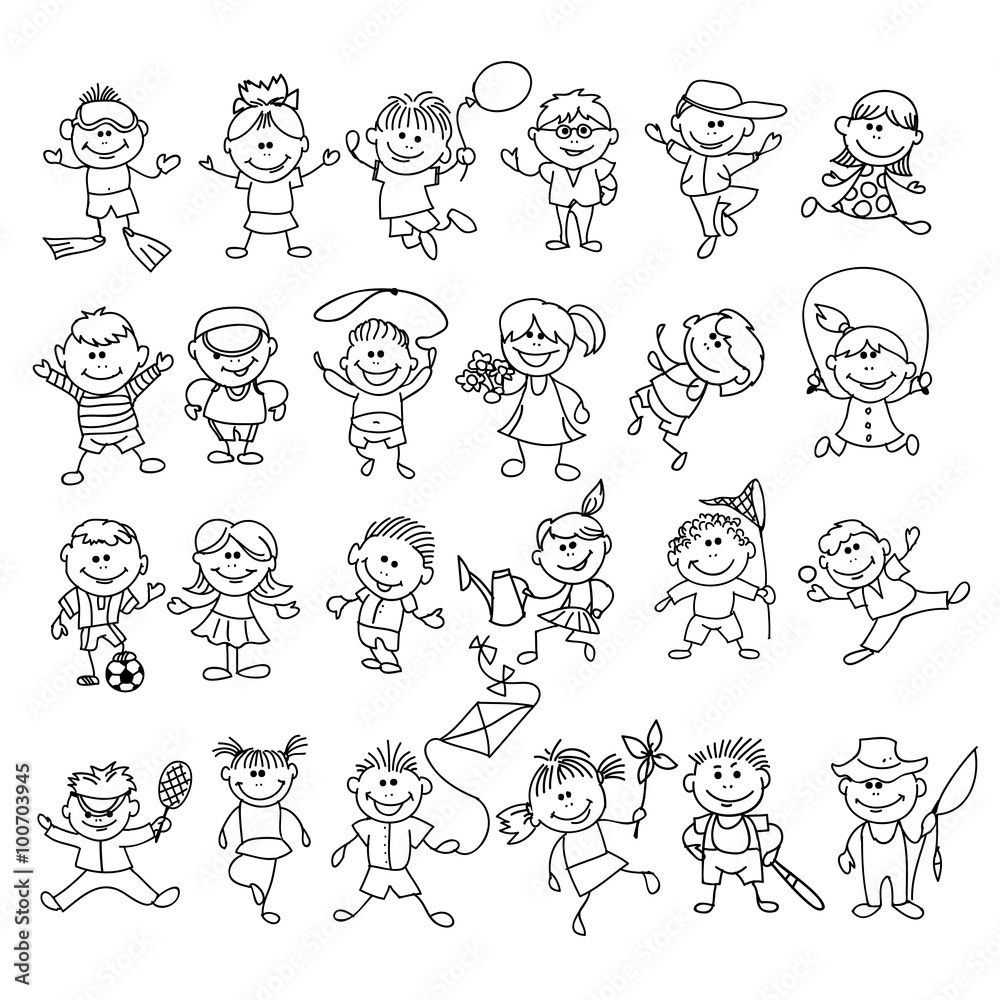 Doodle children on vacation. Boy and girl cartoon sketch , ball and fishing, diving and healthy sport sketch. Doodle children vector illustration