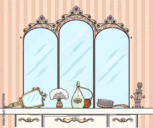 Retro dressing table vector. Mirror and hairbrush, perfumes and cosmetics. Furniture interior dressing table with mirror in retro style vector  illustration