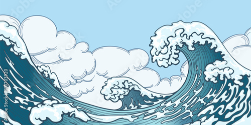 Ocean big wave in Japanese style. Water splash, storm space, weather nature. Hand drawn big wave vector illustration