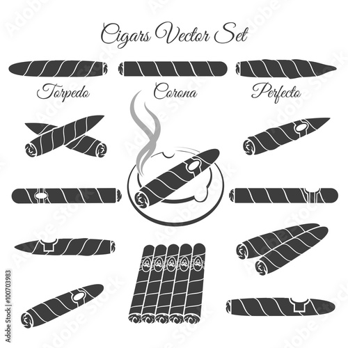 Hand drawn cigars vector. Torpedo corona and perfecto, culture lifestyle illustration. Vector cigar icons photo