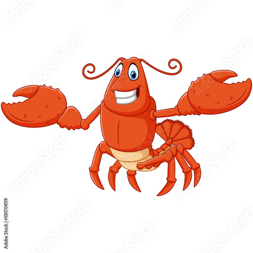 Cartoon happy lobster hands up isolated on white background
