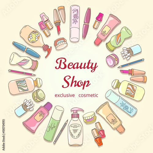 Beauty shop cosmetic label doodle vector frame. Lipstick and shampoo, powder and mascara, lotion bottle and cream icons. Hand drawn cosmetics for beauty shop poster