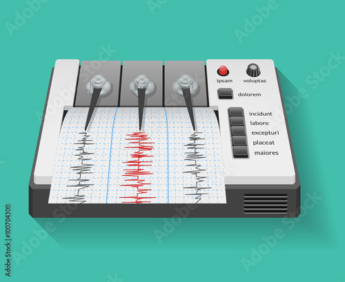 Seismograph machine with graph of seismic and earthquake activity. Instrument seismometer, technology graph, vector illustration