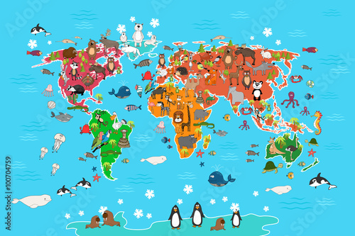 World map with animals. Monkey and hedgehog, bear and kangaroo, hare wolf panda and penguin and parrot. Animals world map vector illustration in cartoon style