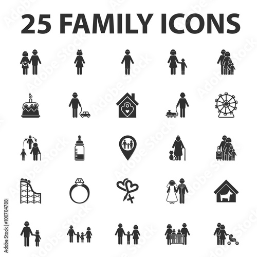 home, family 25 black simple icons set for web