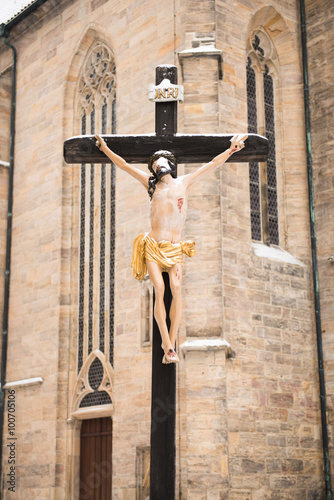 Wintertime view of the crucifix in Front of the Erfurt cathedral.