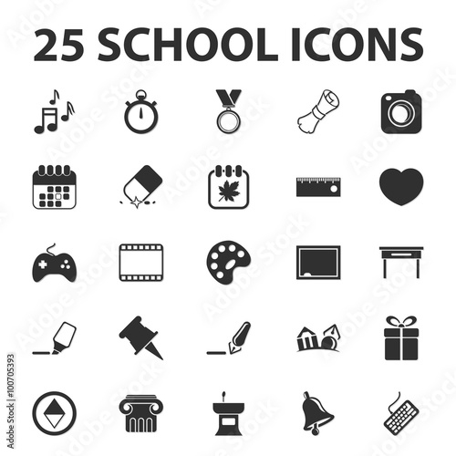 School, education, teaching 25 black simple icons set for web