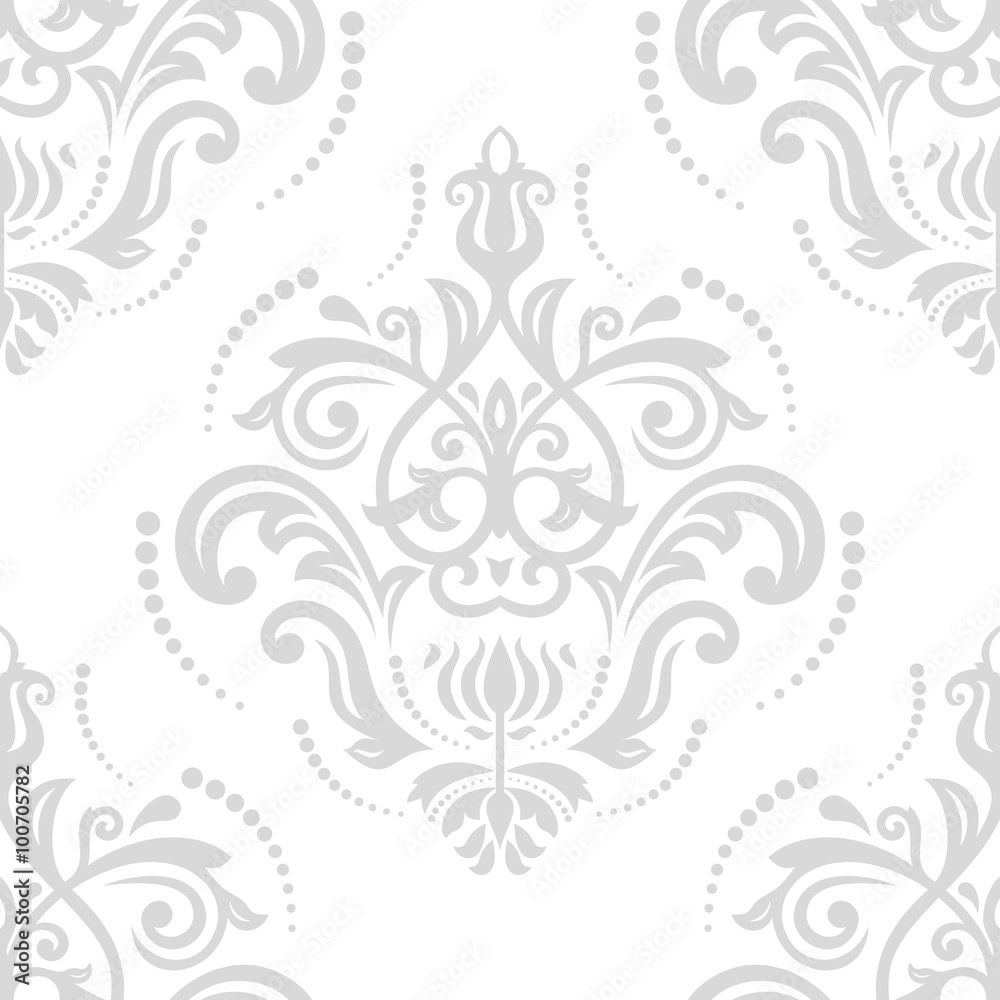 Damask seamless ornament. Traditional vector light silver pattern. Classic oriental background