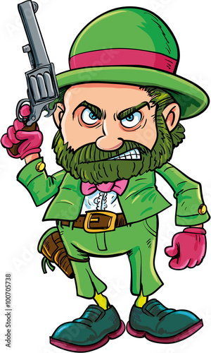Cartoon Leprechaun cowboy with six gun
