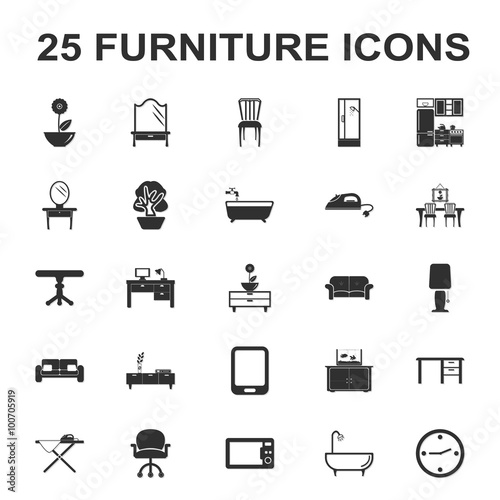 furniture, interior 25 black simple icons set for web