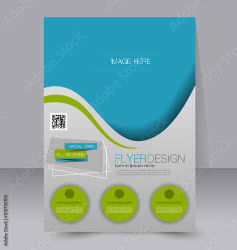 Brochure design. Flyer template. Editable A4 poster for business, education, presentation, website, magazine cover. Blue and green color.