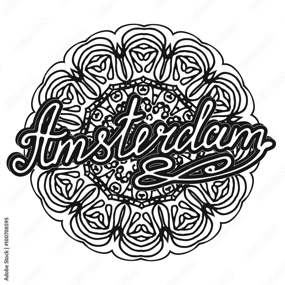 Fototapeta premium Vector Amsterdam illustration on mandala background. Retro typography design. Handwritten illustration.