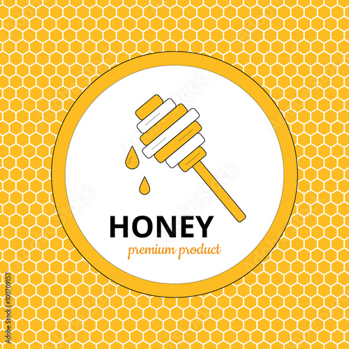 Logo, sticker for honey brand, apriary company with honey dipper and drop of honey with honeycomb background, propolis