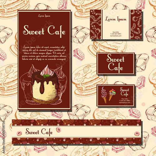 Template with hand drawn sketch bakery. Dessert cards with sweet bakery. Can be used identity style for cafe or restaurant.  Vector illustration