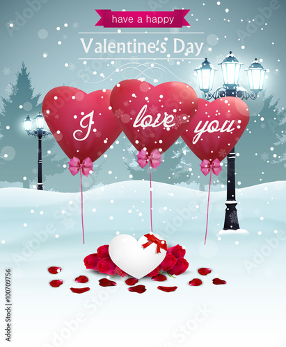 Beautiful Valentines day card width street lights heart shape balloons and roses, winter background.