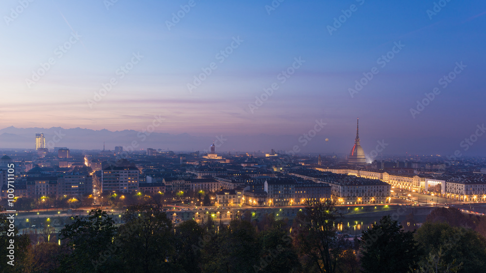 Panoramic cityscape of Turin (Torino) from above at dusk