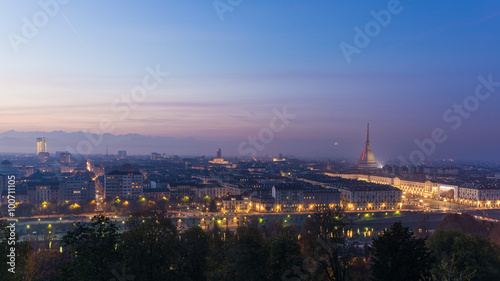 Panoramic cityscape of Turin  Torino  from above at dusk