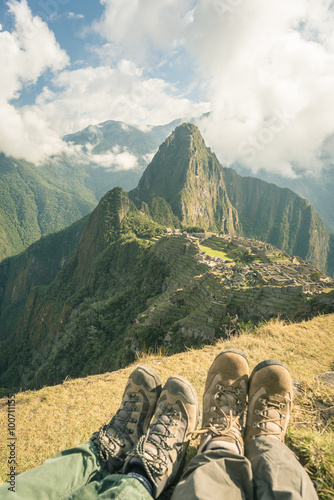 Hiking boots at Machu Picchu, Peru, toned image