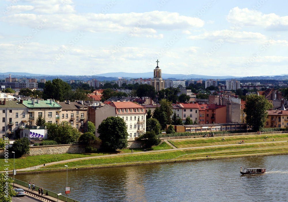 aerial view at church and Debniki quarter in Krakow near Vistula river