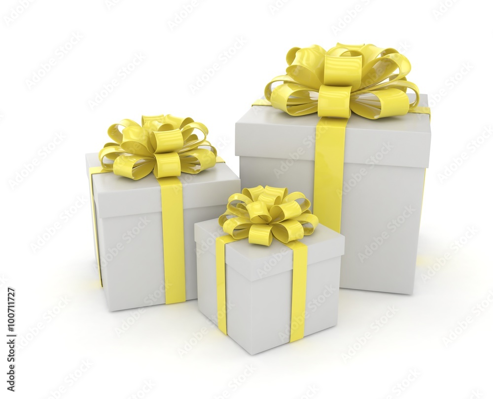 three gift boxes with bows isolated on white three gift boxes with bows isolated on white