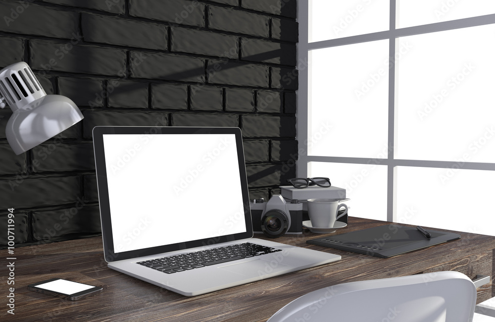 Fototapeta premium 3D illustration laptop and work stuff on table near brick wall, Workspace