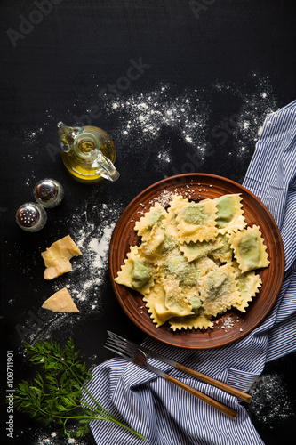 ravioli with spinach and ricotta cheese. Parmesan. in a plate