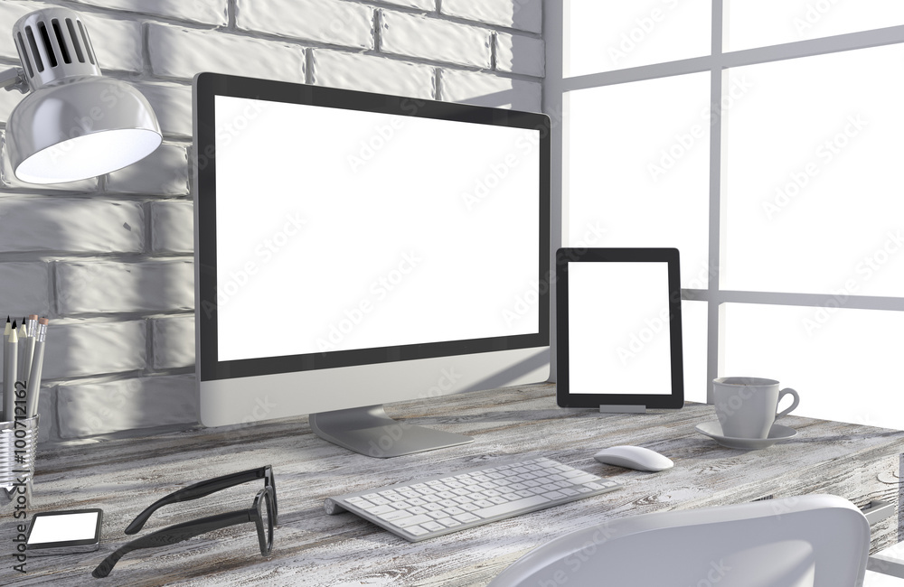 Fototapeta premium 3D illustration PC screen on table in office, Workspace