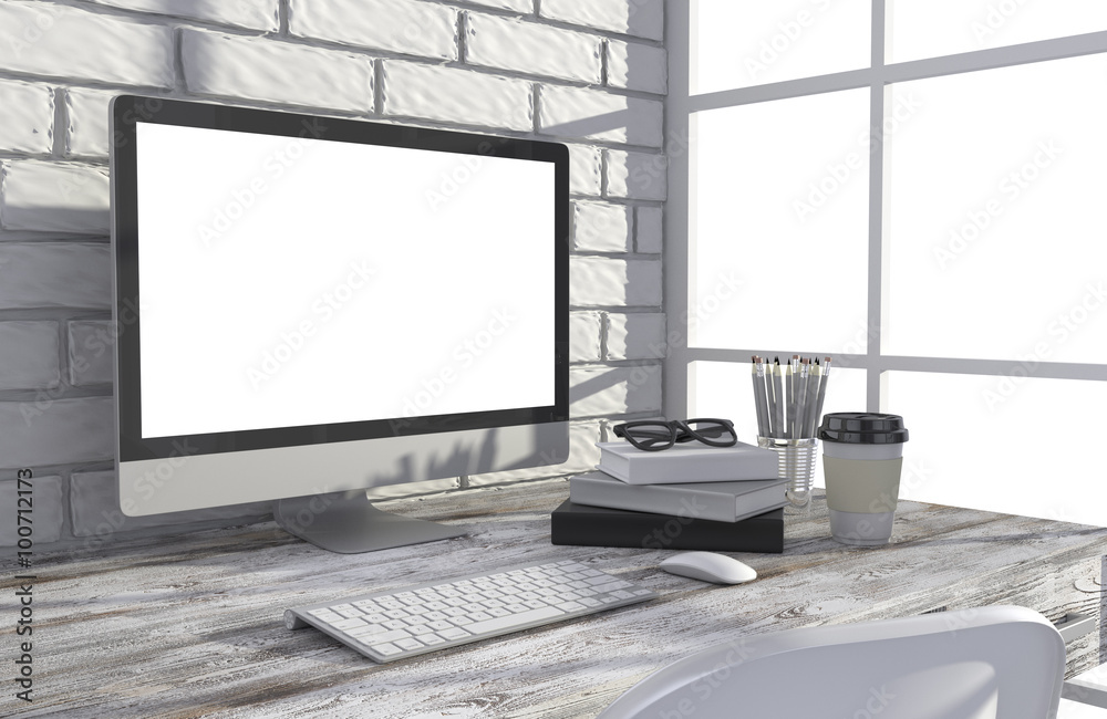 Fototapeta premium 3D illustration PC screen on table in office, Workspace