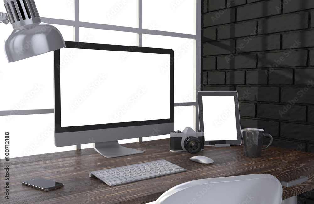 Fototapeta premium 3D illustration PC screen on table in office, Workspace