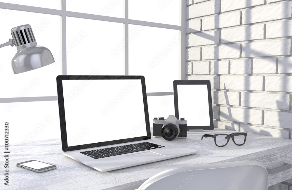 3D illustration laptop and work stuff on table near brick wall, Workspace