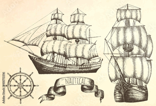 Vintage ship. Items on the marine theme.