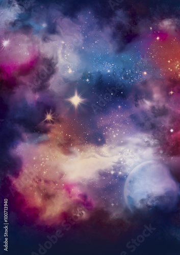 Colorful cosmos background  with stars and a planet. For posters, banners, flyers, cards.